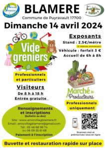 Vide grenier organisé par l'Amicale villageoise de Blameré et par l'Amicale de la Chasse de Blameré le dimanche 14 avril 2024 à Blameré